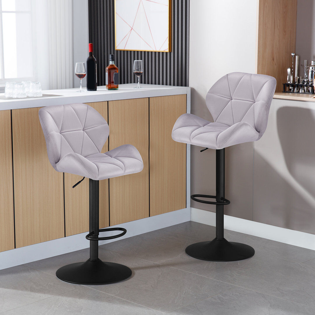 Ebern Designs Dequavious Swivel Yes Upholstered Velvet Yes Bar Stool with Steel Frame Light Grey 1