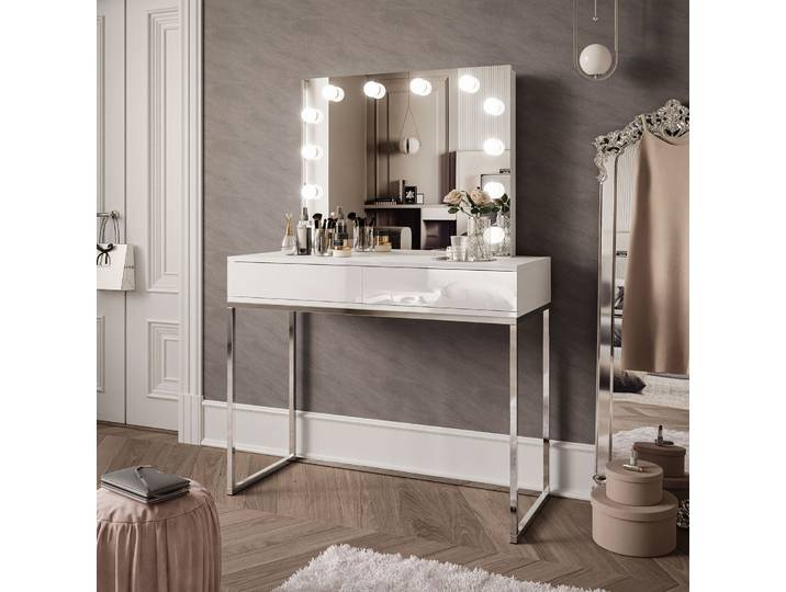 Schminktisch BLANCO GLAMOUR ELITE mit Spiegel und Beleuchtung weiß Hochglanz