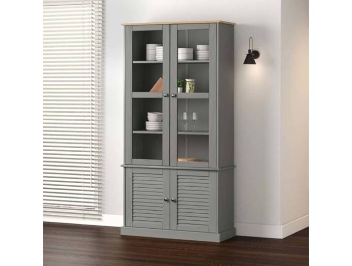 ROMHZKS Vitrine VIGO Grau 85x35x170 cm Massivholz Kiefer Kiefern-Massivholz, robust, Einlegeböden, Glastüren, Metallknöpfe, pflegeleicht, Standschrank
