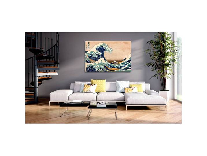 Tableau déco The Great Wave off Kanagawa Bois manufacturé / Tissu Bleu 60 x 40cm