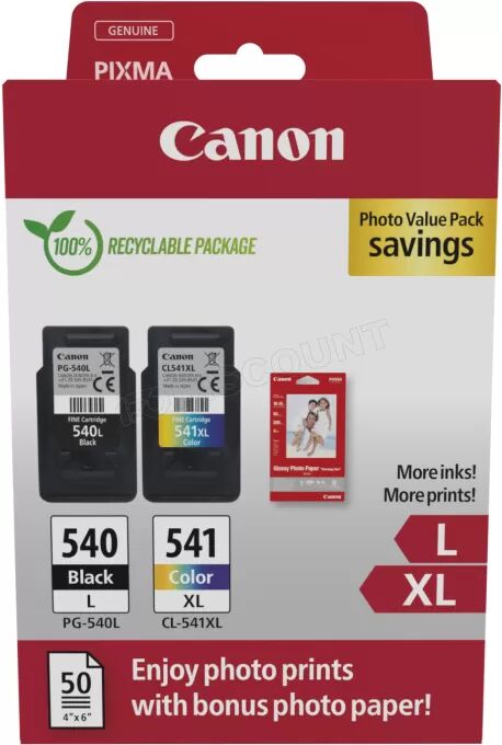 Pack 2 cartouches d'encre Canon PG-540L/CL-541XL Photo Value Pack (Noir/Couleurs) + 50x Papiers photo