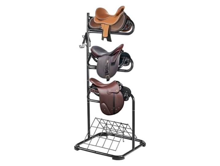 VEVOR Support de Selle Cheval\, Porte-Selle Anglais Western Autoportant\, Niveaux Rotatifs\, Rangement de Couverture et Coussin\, pour Matériels Chevaux d'Équitation\, Organisation de Sellerie\, d'Écuries