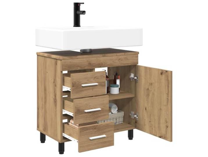 SKTQYQO Badezimmerschrank Eiche Handwerk 60 x 35 x 60 cm Technisches Holz, verstellbare Füße, 3 Schubladen, 1 Einlegeboden, Ablaufloch 80 mm