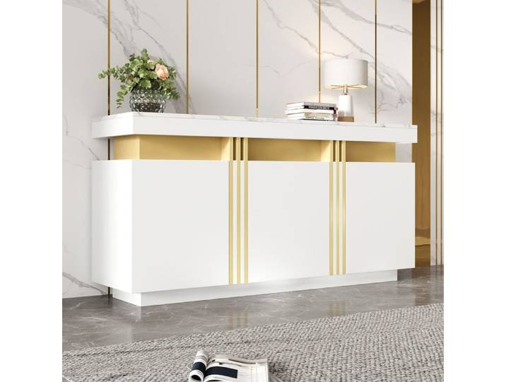 Buffet moderne - TANANT - Buffet 3 portes - Blanc - Cloisons réglables - 140x38x70 cm