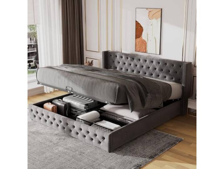 Fiednoy Doppelbett 180x200cm Samt Polsterbett mit Hydraulik, Grau Stauraumbett mit Hohem Kopfteil 94.5cm, Bettgestell mit Lattenrost, Ohne Matratze