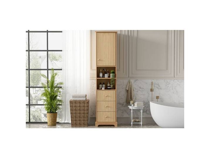 WOVREO Colonne de salle de bain 40x30x172 cm en MDF 3 tiroirs 1 porte 2 niches bois naturel