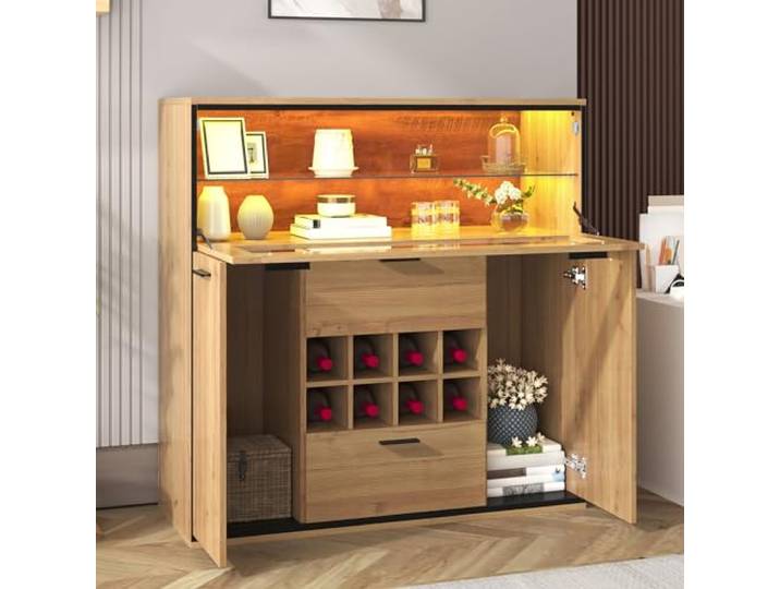 Ropilly Sideboard mit Doppeltüren Holzfarbe Schwarz 110 x 38 x 111 cm Weinschrank mit Glasregal, LED-Beleuchtung mit 16 Farben und gemusterter Rückwand
