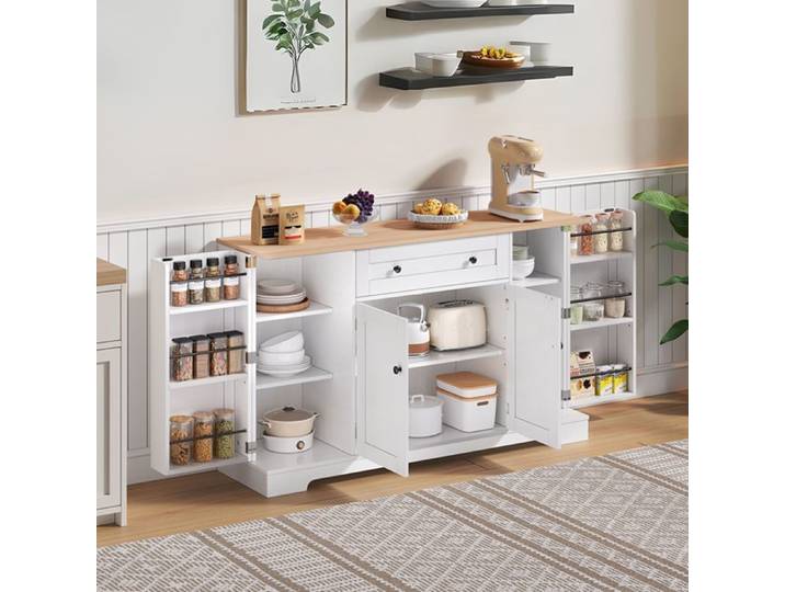 MIVRAY Buffet et Enfilade avec 4 Portes 1 Tiroir et Étagères Réglables pour Cuisine en MDF Blanc et Naturel