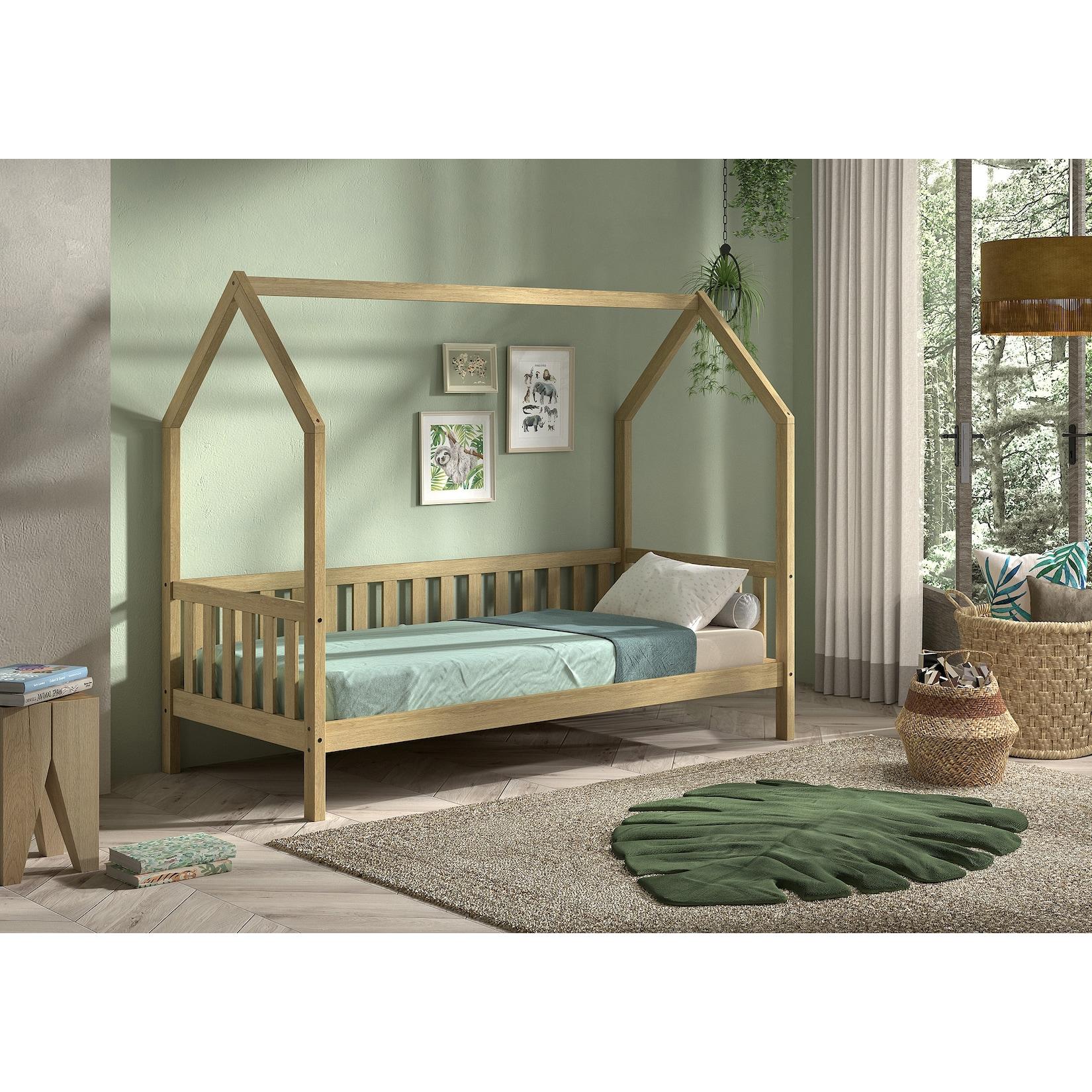CABANE Hausbett 90x200 cm und seitlicher Umrandung, Eiche massiv Eiche natur