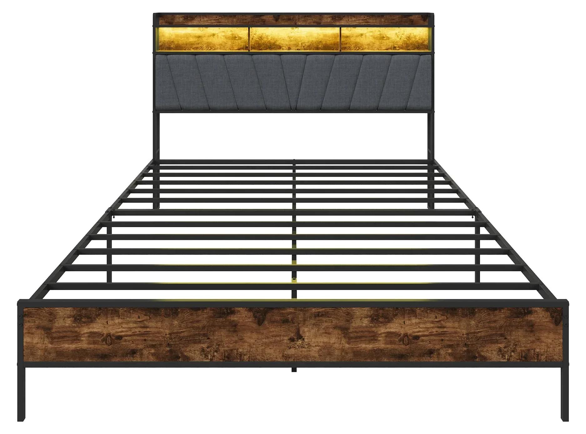 Bettgestell - Doppelbett 160 x 200 cm - Metall - Stoffbezogen - Kopfteil mit LED-Beleuchtung - Stauraum - Kein Boxspring-Untergestell erforderlich, Matratze nicht enthalten
