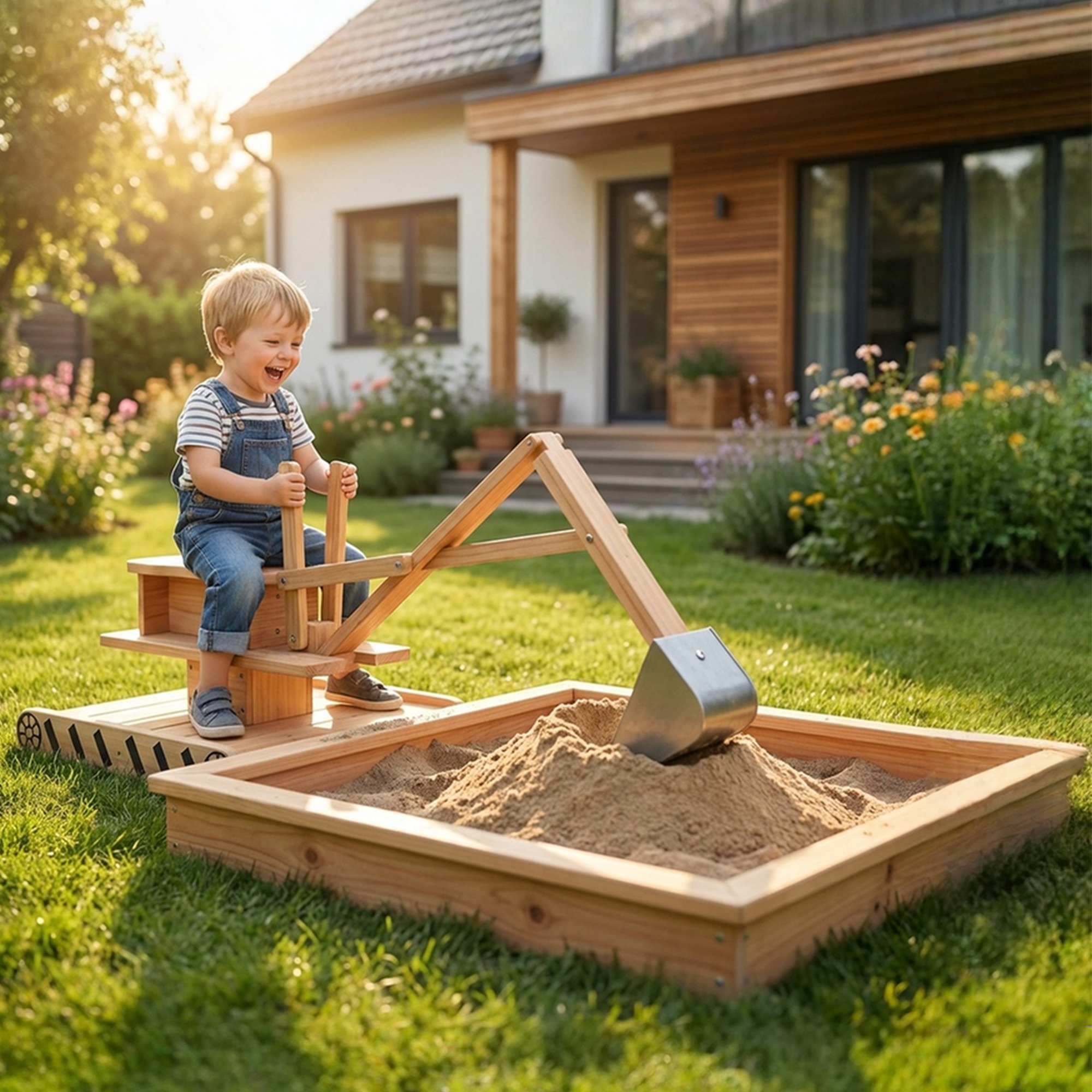 Aiyaplay Sabbiera per Bambini in Legno con Escavatore Sabbiera Infantile con Sedile Girevole 360° e Rivestimento 184x90x56 cm Naturale   Aosom Italy