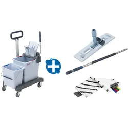 Vileda UltraSpeed Pro Doppelfahreimer Ready to Go Micro Plus Chassis, 25&10 L Eimer, Presse, Mophalter, Mop, Stiel, Bügel