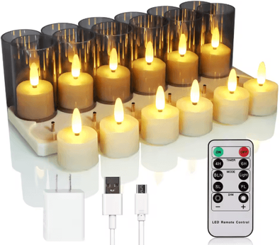 Inspire Picks FPOO Rechargeable Flameless LED Tea Lights Flickering Candle Lamps With Timer & Black Cups 12pcs With Lampshade