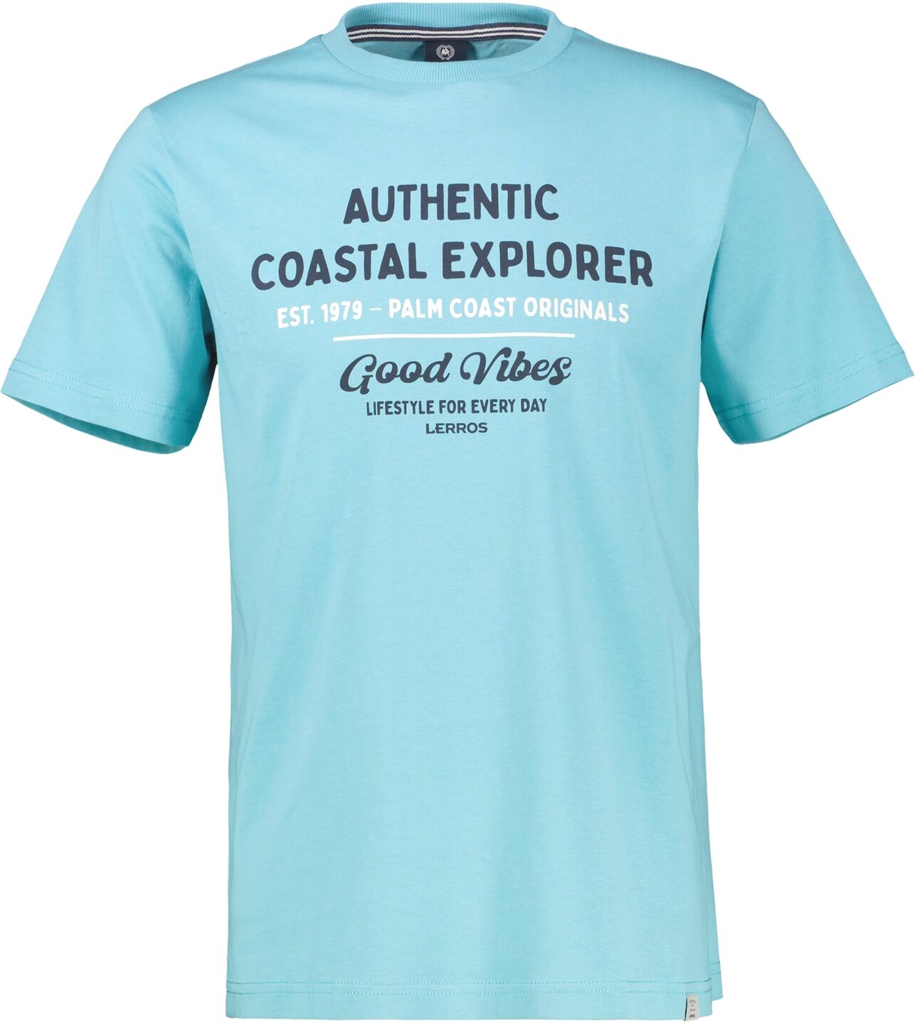 Print-Shirt LERROS, Herren, Gr. S, reef blau, Single Jersey, Obermaterial: 100% Baumwolle, bedruckt, regular fit normal, Rundhals, Shirts Print-Shirt, regular fit, Kurzarm-Design, mit auffälligem Print reef blau S