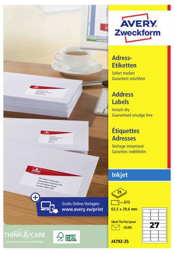 Avery-Zweckform J4792-25 Adress-Etiketten 63.5 x 29.6mm Papier Weiß 675 St. Permanent haftend Tintenstrahldrucker