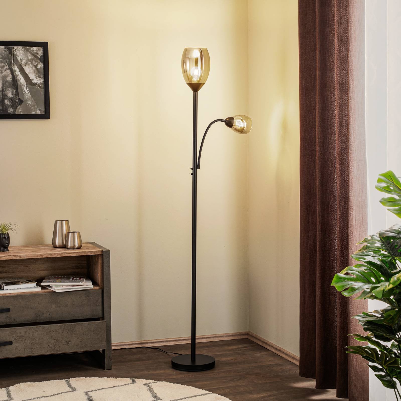 Lindby Vloerlamp Modern Zwart Metaal en Glas voor Woon- of Eetkamer