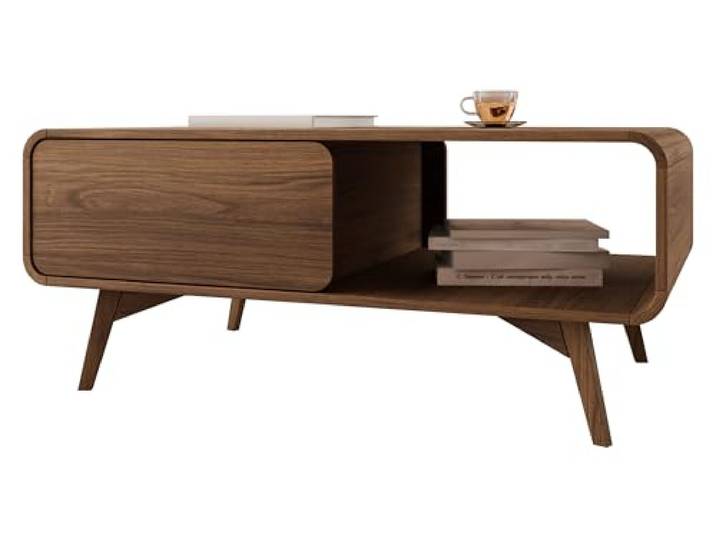 Mirjan24 Couchtisch Hikavo L108, Kaffeetisch mit Schublade und Ablage, Sofatisch mit abgerundeten Kanten/Ecken, Wohnzimmertisch, Praktischer Teetisch (Nuss Warmia)