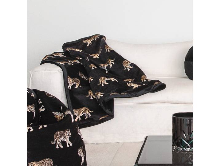 Plaid en velours noir avec tigres brodées