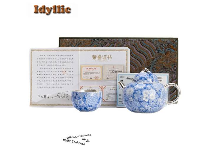 Service à thé bleu et blanc argenté, ensemble complet, ensemble de cérémonie du thé de boutique, ensemble théière et tasses, accessoires pour service à thé chinois, cadeau