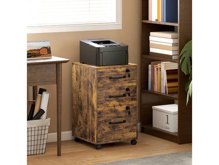 HOMCOM Caisson Bureau 3 Tiroirs Verrouillables Roulettes Marron