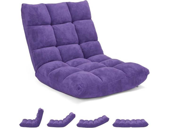 GOPLUS Chaise de Sol Pliante 105 x 56 x 15CM Fauteuil Convertible Réglable à 14 Niveaux Fauteuil Paresseux avec Velours Violet