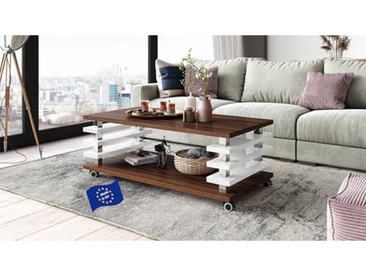 Carl Svensson Couchtisch DC-3 Nussbaum / Weiß Hochglanz 120x60cm mit Ablage modern stabil vielseitig Wohnzimmertisch Beistelltisch Sofatisch Zeitloses platzsparend robust Wohnzimmer mit Rollen