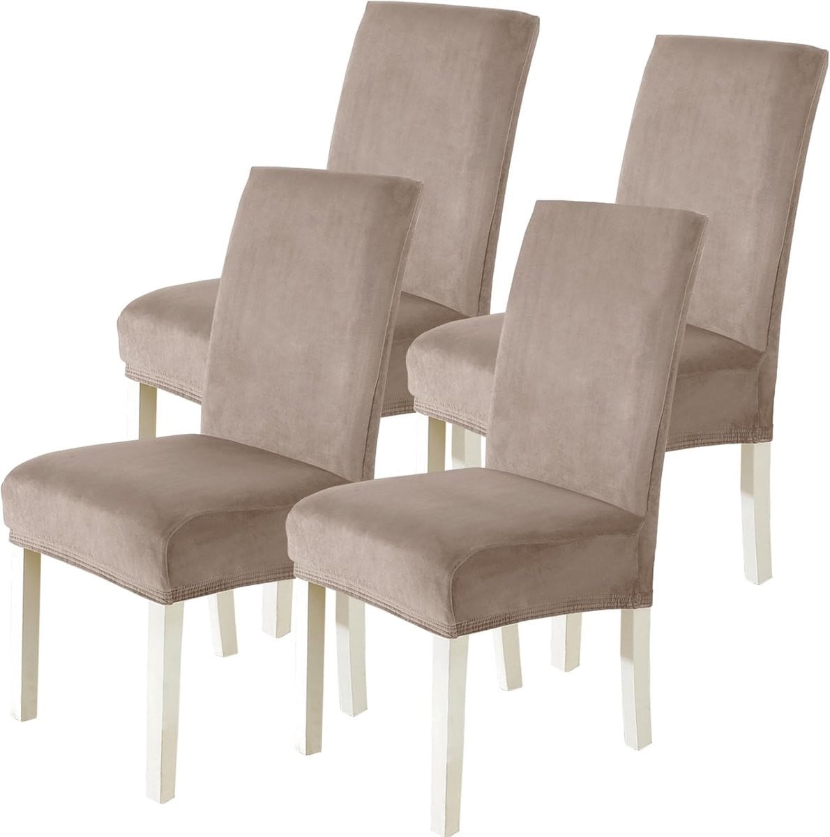 SnelShoppen Velvet Stoelhoezen voor Eetkamerstoelen, 4 Stuks, Beige, Universele Stretch, Wasbaar
