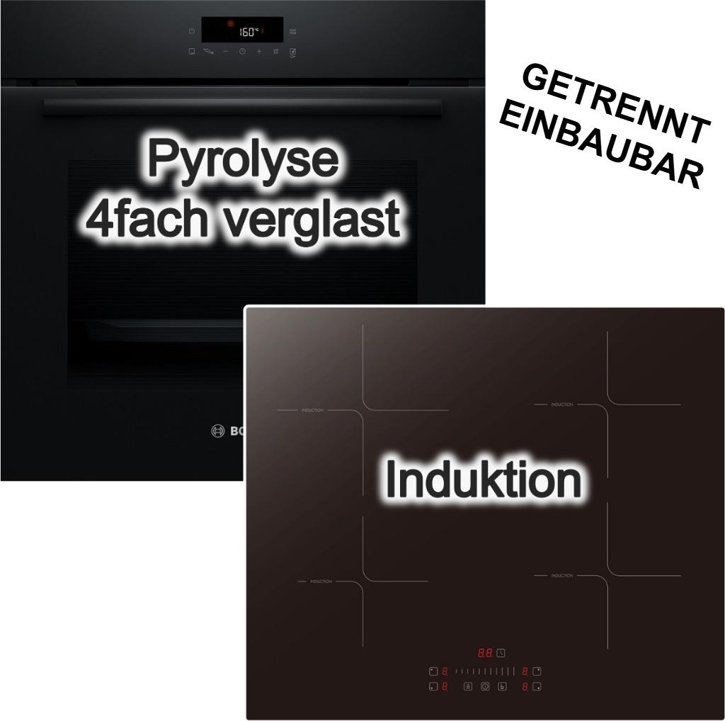 Herdset Bosch Einbau-Backofen Pyrolyse 3D-Heißluft LED-TouchControl + PKM Induktionskochfeld Booster Restwärmeanzeige Touch Slider