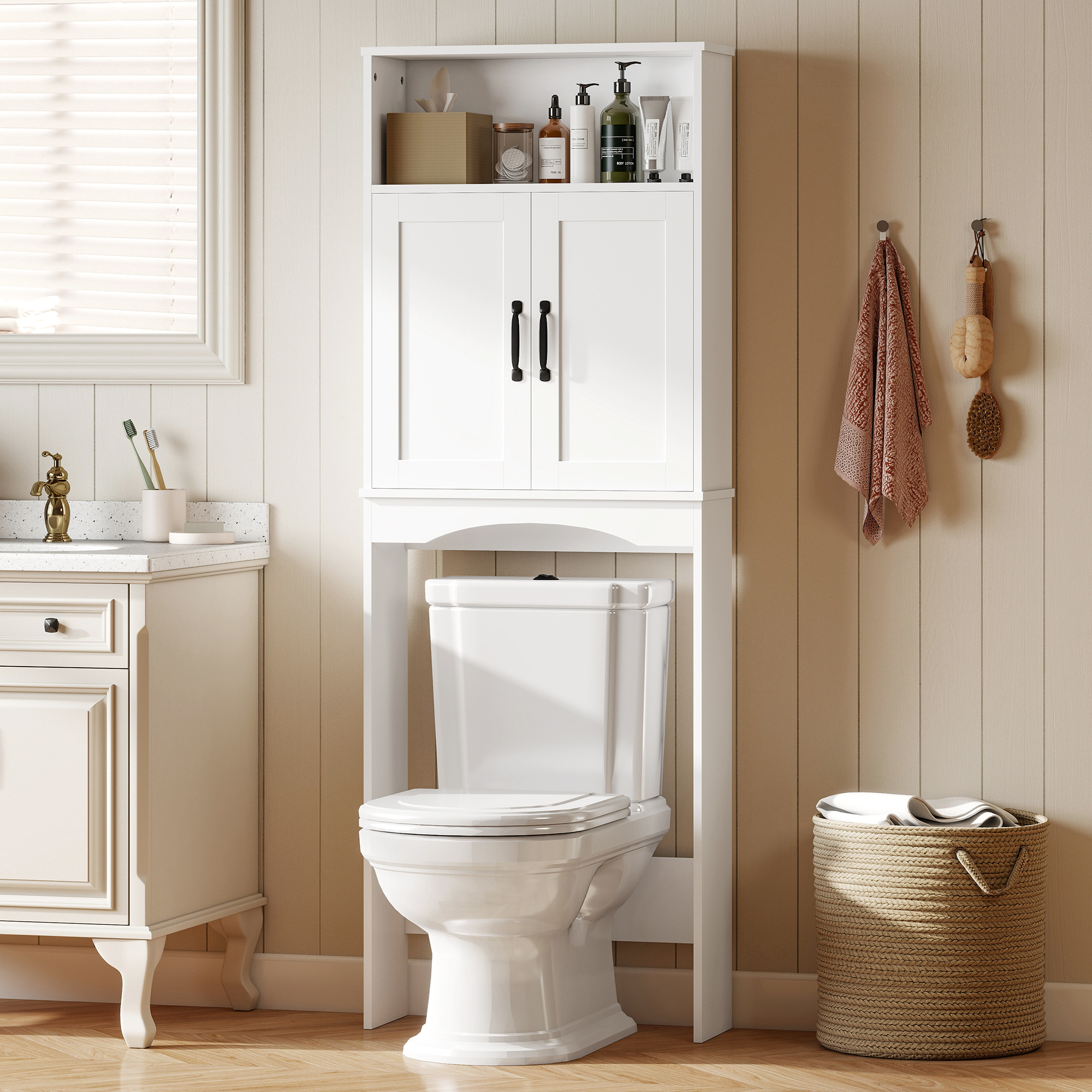 Homcom Armadio sopra il WC Mobile da bagno con 2 ante a chiusura silenziosa Ripiano aperto 64x21x173,5 cm Bianco   Aosom Italy