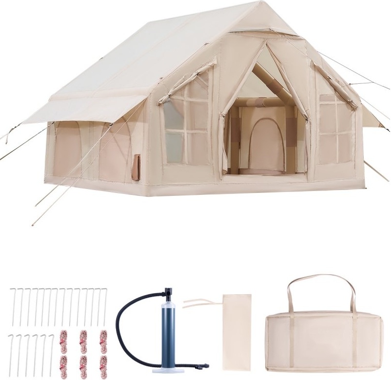 Camping 3x3x2,3m Aufblasbare Zelte für 4-6 Personen, 300D Oxford 4-Jahreszeiten-Glamping-Zelt mit Handpumpe & Ofenanschluss, 2 Türen & 4 Netzfenster - inkl. Transport-Aufbewahrungstasche