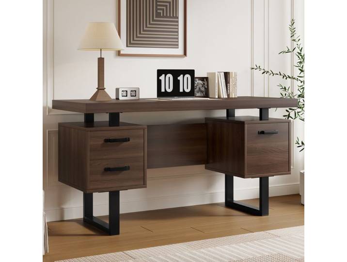 Bureau avec rangements bureau de travail tiroirs silencieux tiroirs à dossiers marron