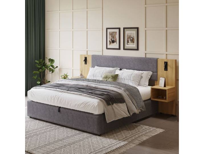 Lit rembourré - TRUXEN8 - 180x200 cm - USB - Éclairage - Velours gris