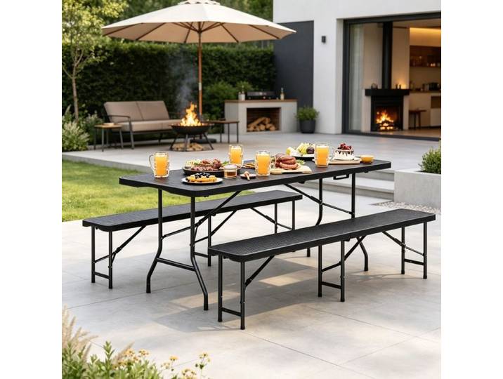 Table de Jardin Pliante 3 Pièces (2 Bancs Pliables + 1 Table Pliante) Table Pliante Salon de Jardin Exterieur pour 8-10 Personnes