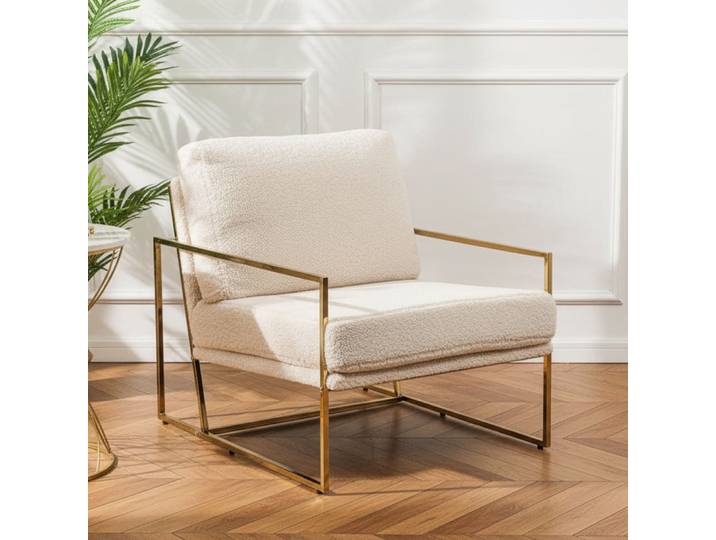 Fauteuil retro en métal et bouclette blanche