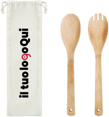 MAYEN Set Utensili Insalata in Bamboo Naturale 33,5cm Elegante Personalizzate o neutre