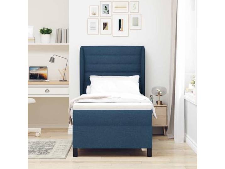 KTHLBRH Boxspringbett mit blauer Matratze 90 x 200 cm Stoff Verstellbares Kopfteil, robuster Rahmen, inklusive Matratzenschoner, für modernes Schlafzimmer