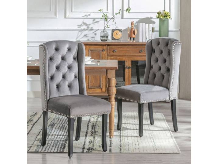 Lot 2 Chaises Salle à Manger Velours gris chaise de loisirs Salon Pieds Chêne Boutons Chromés Clous Décoratifs Cuisine Chambre