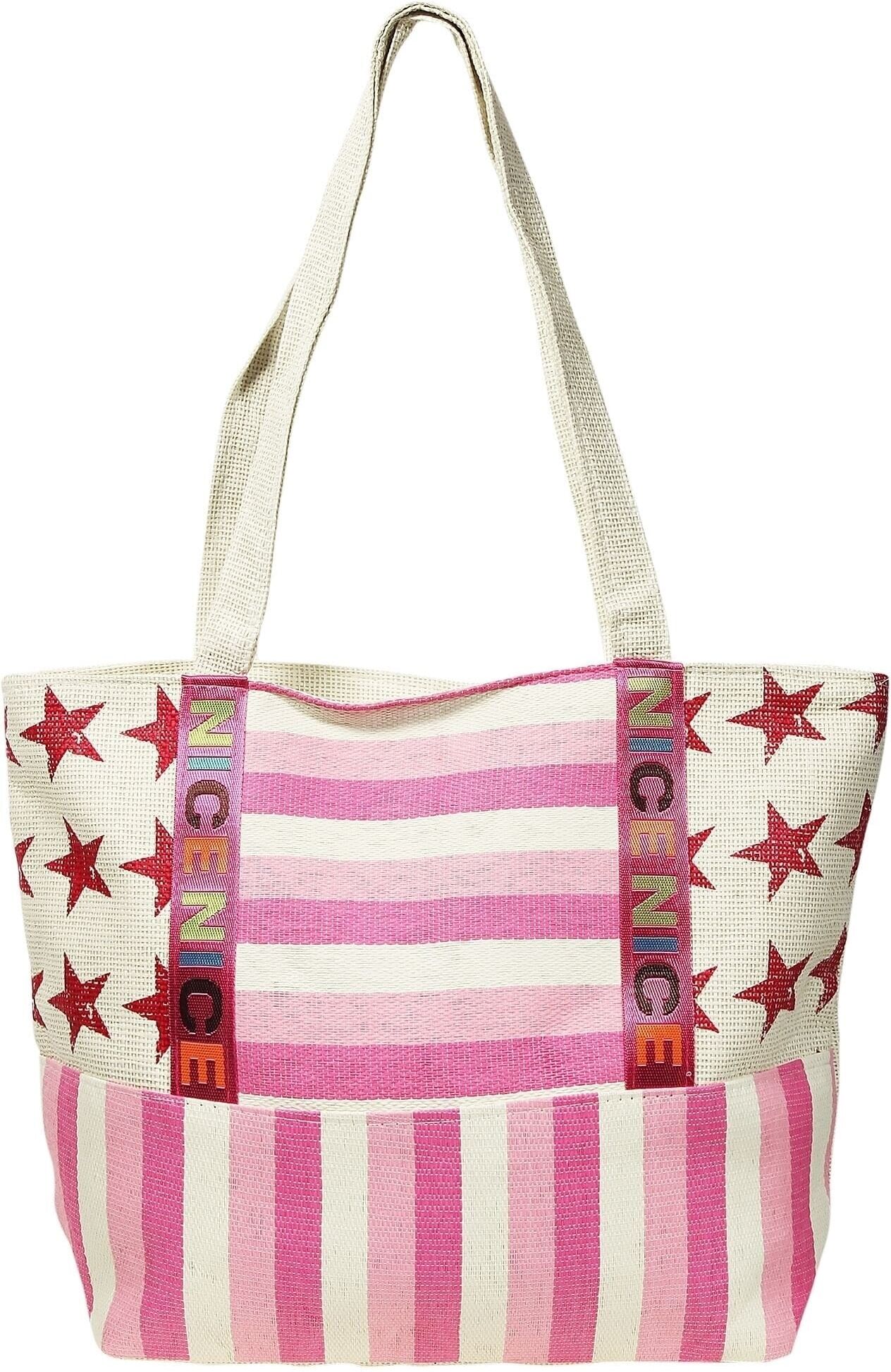 Strandtasche CHAM CHAM "mit Streifenmuster und Sternmotiv", Damen, pink, Bast, Taschen Strandtasche