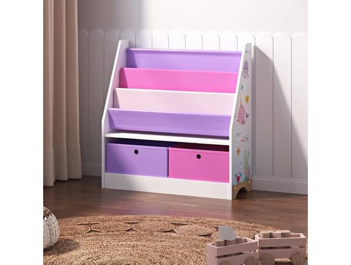 Kinderkast Neda boekenkast voor kinderen met 3 opbergvakken speelgoedopbergkast met 2 vouwdozen staand 74x71x23 cm wit lila roze