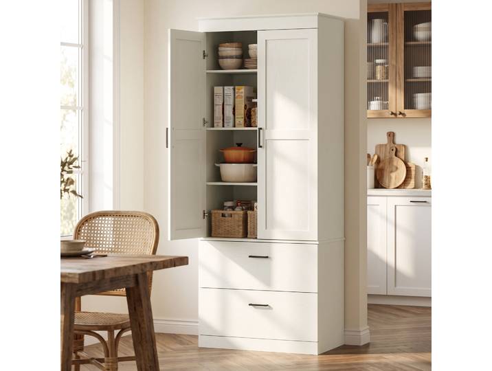 HOMCOM Armoire Cuisine Campagne Blanc Crème, 2 Tiroirs, Étagères