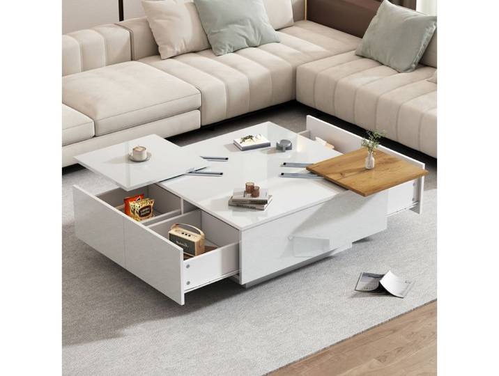 Table basse carrée SENVIRO laquée blanche à plateaux coulissants design mid century 75x75x33cm blanc
