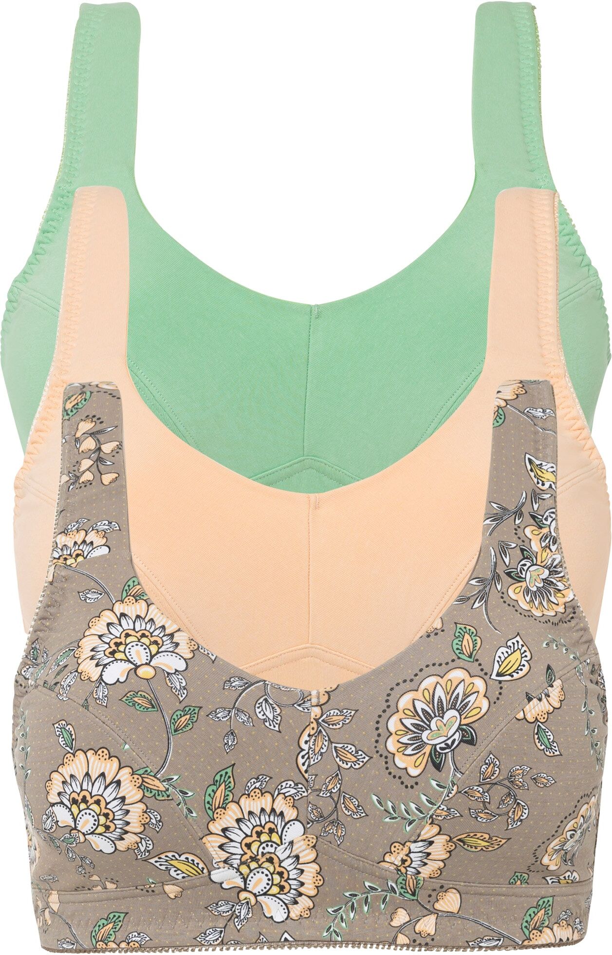 Büstenhebe BONPRIX "BH ohne Bügel mit Baumwolle (3er Pack)", Damen, Gr. 75, Cup D, braun (taupe paisley, cremeapricot, mint), Obermaterial: 95% Baumwolle, 5% Elasthan. Futter: 100% Baumwolle, BHs Büstenhebe, bügellose Verarbeitung, für den Alltag, aus Bau
