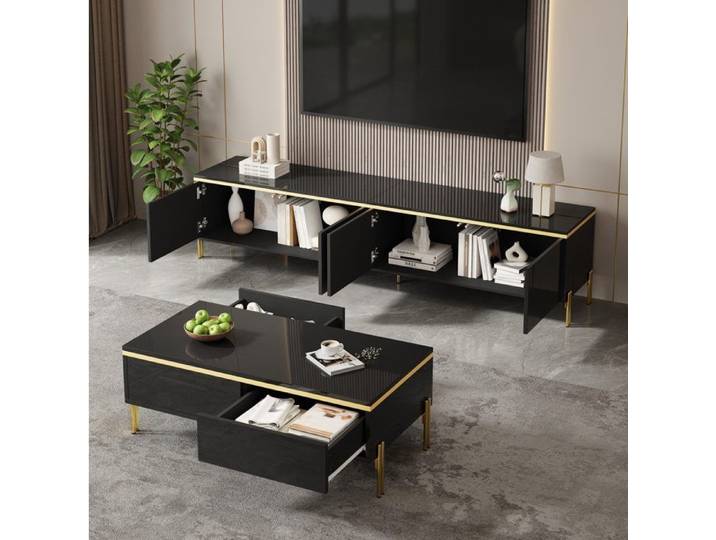 Ensemble Meuble TV Table Basse Noir Set Design FloraGrace Pour Salon Rangement Intégré 170x38x50cm+100x50x36cm