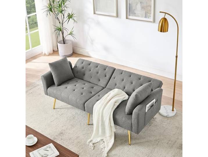 Ball & Cast Klappsofa, Mini Sofa mit Schlaffunktion, Schlafsofa Klein aus Teddy-Stoff, 3-Fach verstellbare Winkel, Ideal für Wohnungen und Wohnzimmer, Grau