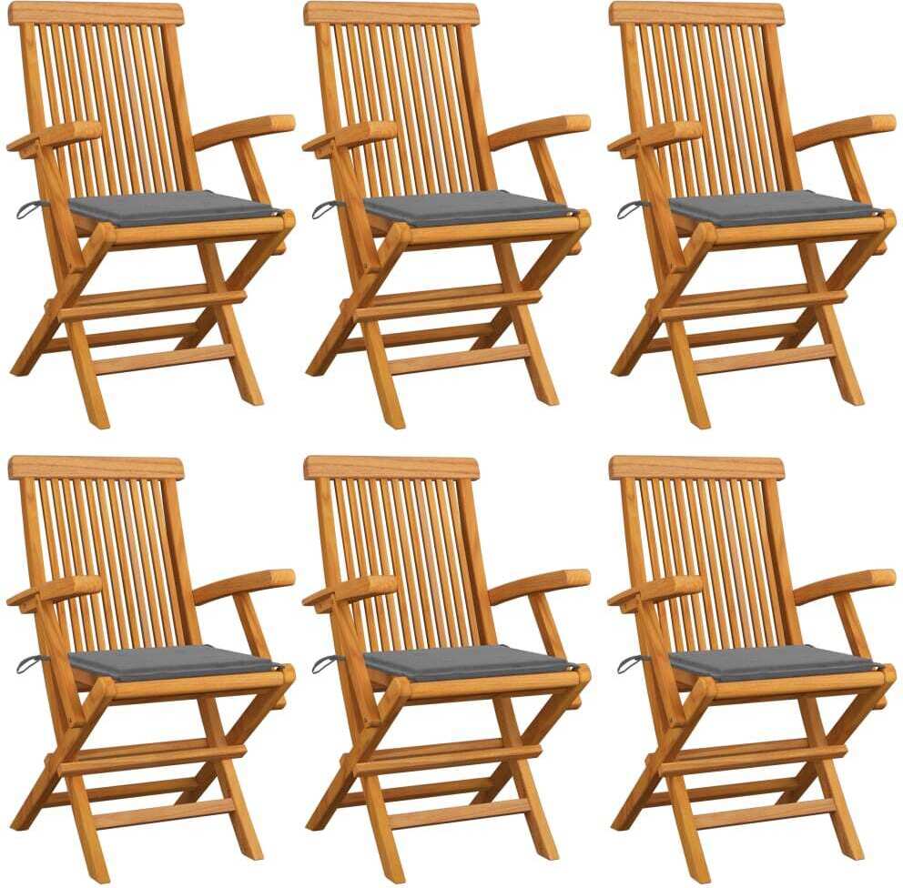 Klappstühle mit grauen Kissen, 6-teilig, Massivholz Teakholz