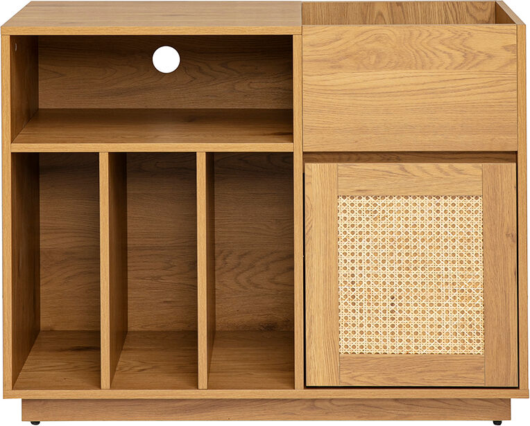 Miliboo Vinyl-Aufbewahrungsbuffet in heller Holzoptik, Eiche und Rattan-Geflecht L95 cm ALICANTE