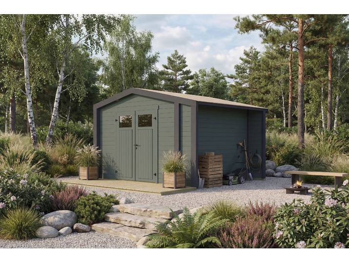 Gartenhaus WEKA Killarney , grün (grüngrau, anthrazit), ohne Fußboden, ohne Dacheindeckung, Massivholz, Gartenhäuser, Gartenhaus, Doppeltür, 1/4 verglast