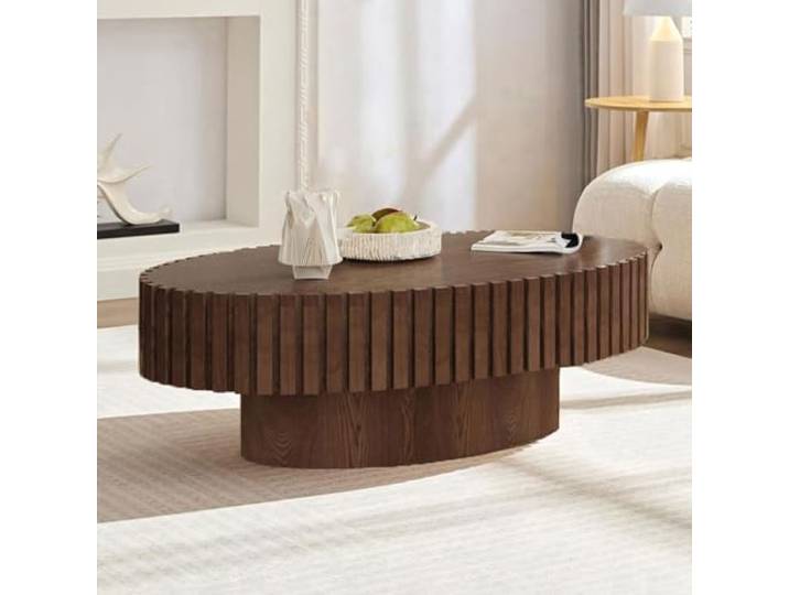 Wxnnx 110 cm Ovaler Couchtisch Nussbaum Geriffeltes Holz-Design im Mid-Century-Stil - Wohnzimmertisch, Kaffeetisch für Wohnzimmer, Wohnung - Einfache Montage