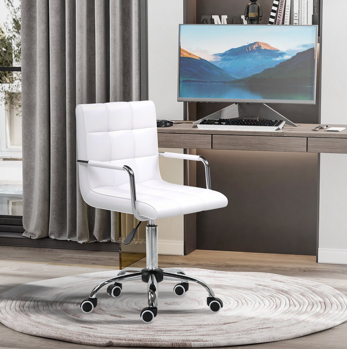 Wishdor Bureaustoel wit met vaste armleuningen en wielen, B/D/H: 52,5 x 54 x 84-99 cm