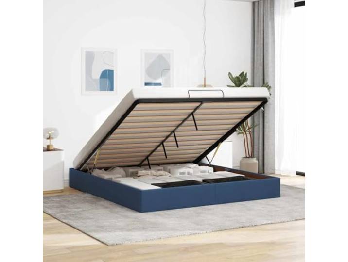 RJPLMFV Bettgestell, Ottoman, Blau, 160 x 200 cm, Stoff Aufbewahrung unter dem Bett, hydraulisches Heben, Lattenrost inklusive, langlebiges Polyester